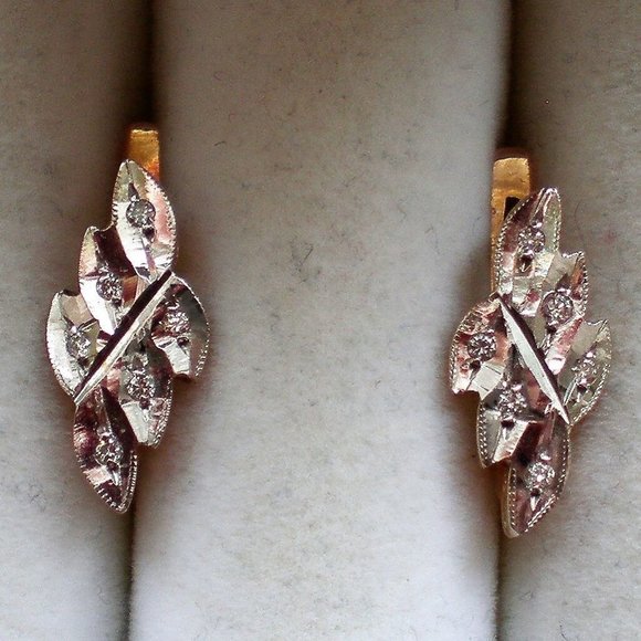 Vintage Soviet USSR Solid 14K 585 Rose Pink White Gold Diamond Cluster Earrings